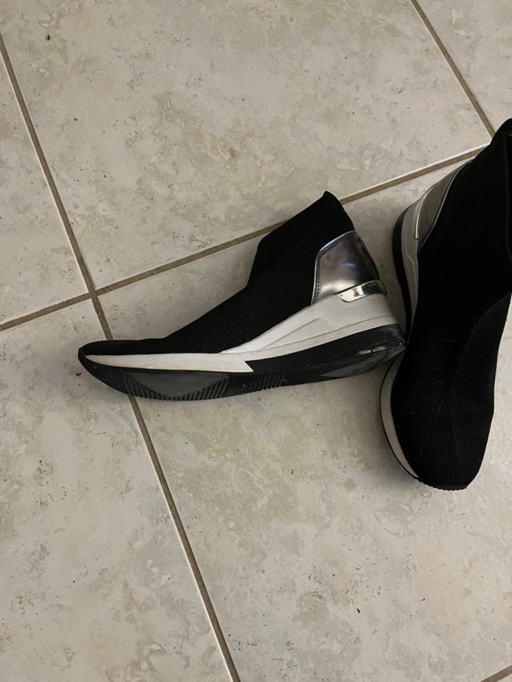 Michael Kors Black Slip-On Knit Sneaker with Silver Heel - Picture 3 of 7